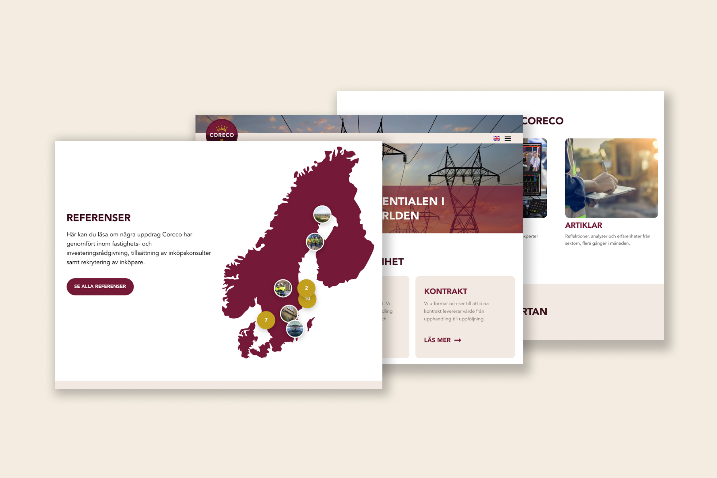 En serie mockuper på Corecos omgjorda hemsida