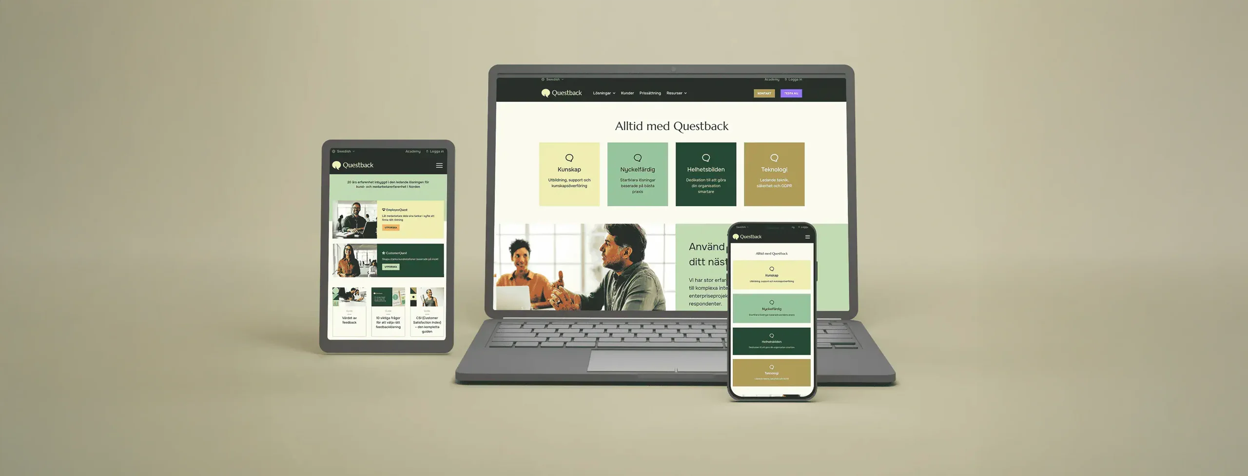 En mockup på en hemsida för kunden Questback, i olika format