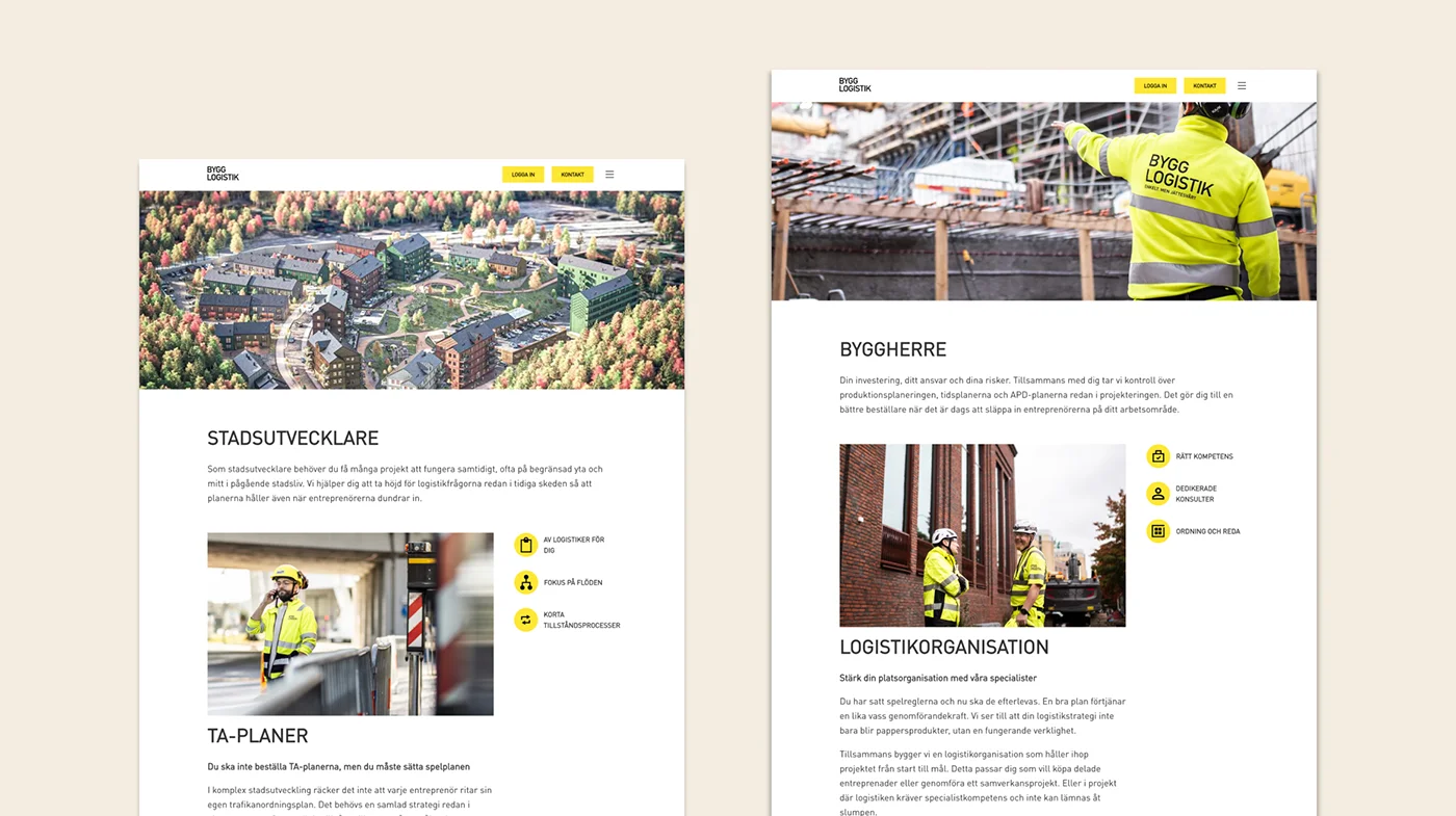 En mockup för Bygglogistiks nya hemsida, på desktop