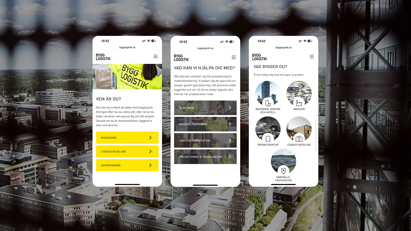 En mockup för Bygglogistiks nya hemsida, på telefon